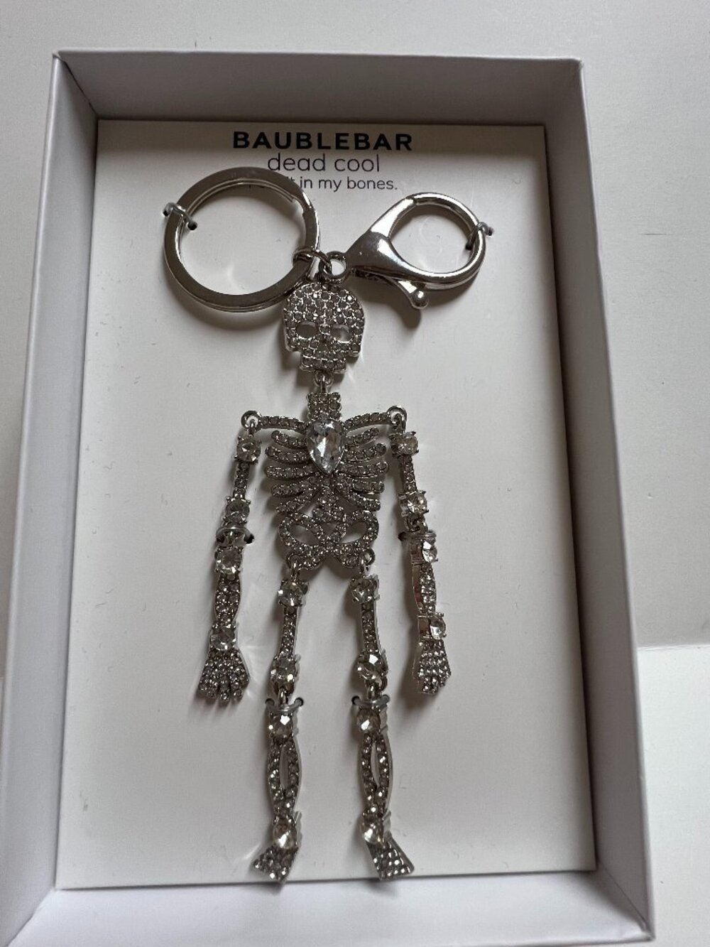 BaubleBar Dead Cool Silver Skeleton Bag Charm Key Chain Crystal Rhinestones